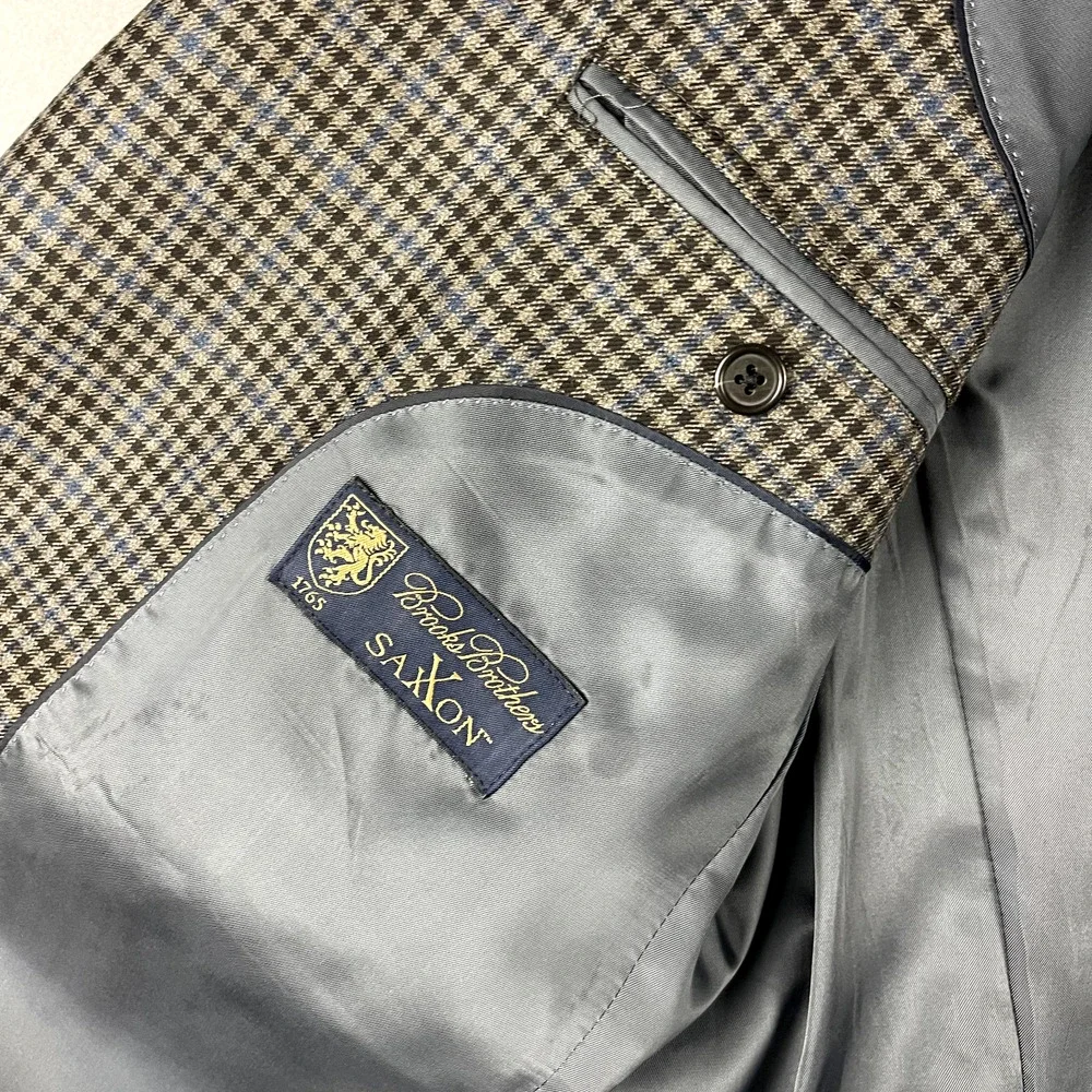 Brooks‎ Brothers 1818 Madison Saxxon Wool Blazer Mens 42L Black Tan Check Plaid